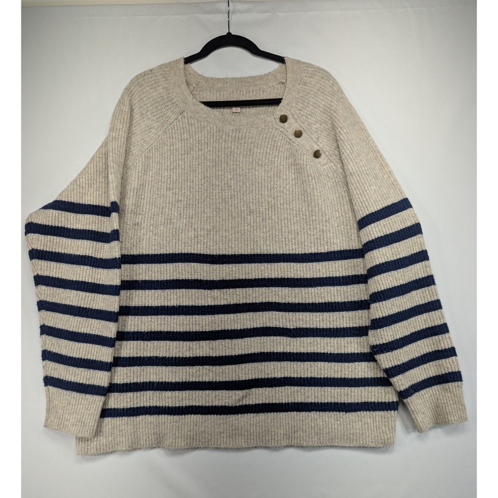 Knox Rose Beige Navy Striped Crew Neck Button Shoulder Sweater Plus Size 2X